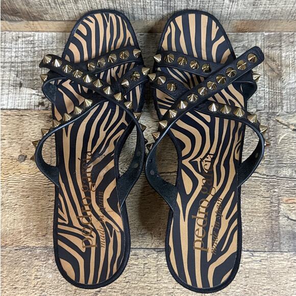 NEW Pedro Garcia Black Leather Wedge Sandals Cross Strap Gold Studded Size 37 7 - Picture 9 of 11